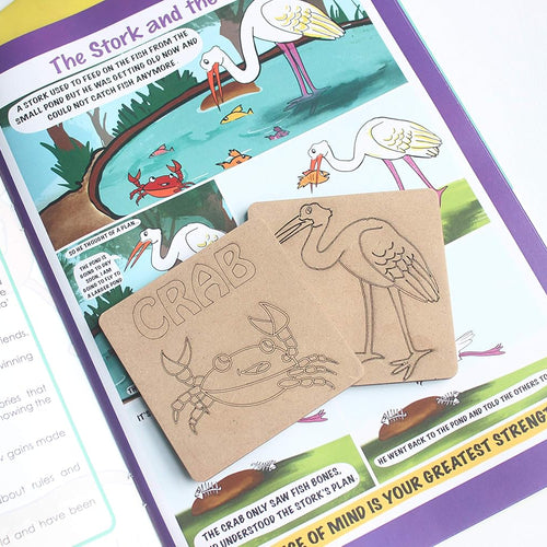 IVEI Panchatantra Kids Learning Book - Workbook and 2 DIY coasters of Panchatantra Story - Colouring Activity Worksheets - Creative Fun Activity and Education For Kids - The Stork and the Crab ( Age 4 to 7 Years )