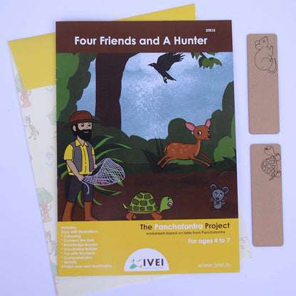 IVEI Panchatantra Kids Learning Book - Workbook and 2 DIY Bookmarks of Panchatantra Story - Colouring Activity Worksheets - Creative Fun Activity and Education For Kids - Four Friends And A Hunter