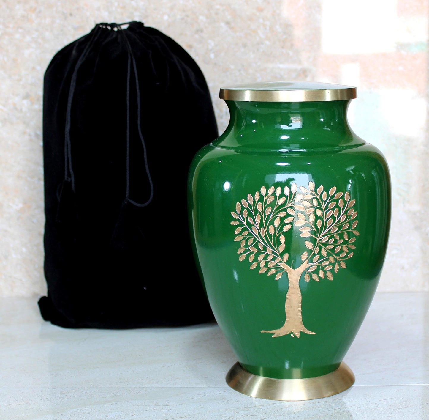 eSplanade Brass Cremation Urn Memorial Jar Pot Container | Full Size Urn for Funeral Ashes Burial | Tree Engraved Metal Urn | Green - 10" Inches