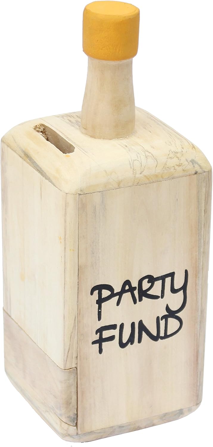 IVEI Wooden Piggy Bank Bottle Shaped Money Box - Piggy Bank for Adults - Handmade Wooden Coin Bank for Party Fund - Money Storage Box - Wooden Money Bank - Wooden Piggy Bank with Lock - Orange & Yellow