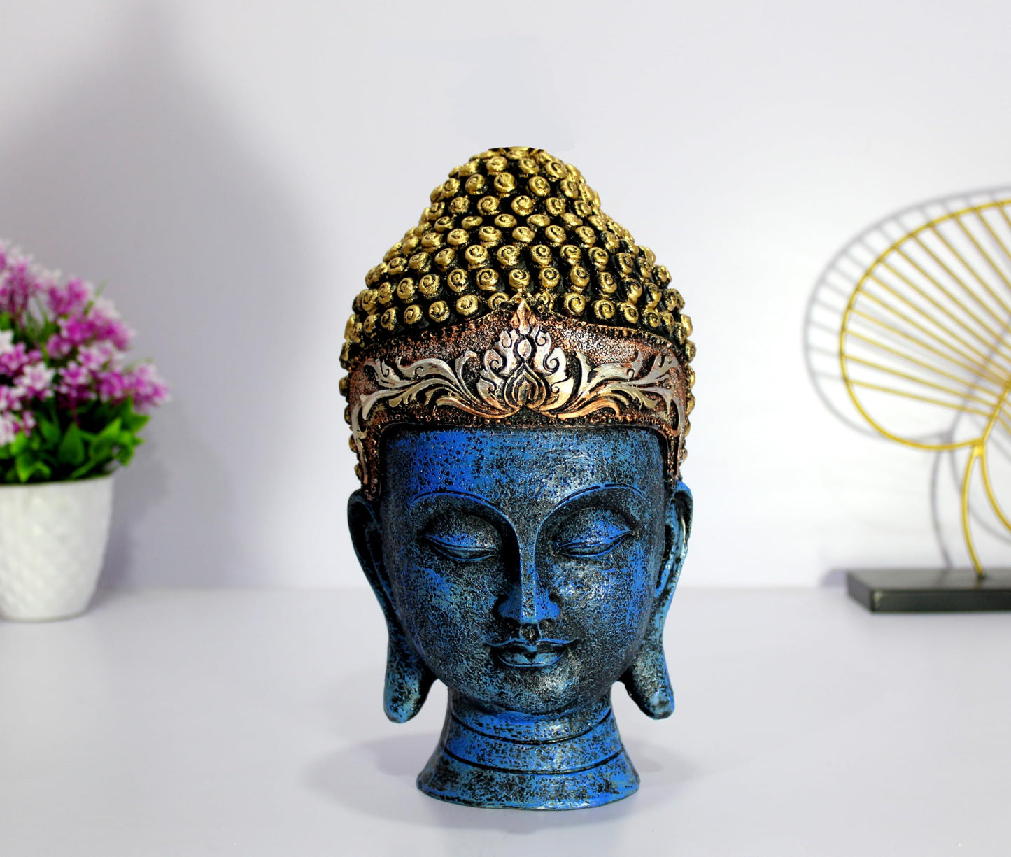 eSplanade Buddha Head Statue for Home Decor | Resin Buddha Face Showpiece for Living Room, Meditation, Office Table Desk, Shelf | Tibetan Buddhist Idol | Zen or Yoga Figurine Gifts | Blue, 12 Inch