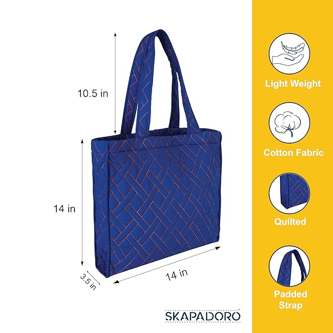 SKAPADORO Quilted Cotton Tote Bag, Multipurpose Hand Bag for Women, Girls For Shopping Travel College, Office, Everyday Use Shoulder Bag, Washable & Eco-friendly - Blue & Green Design