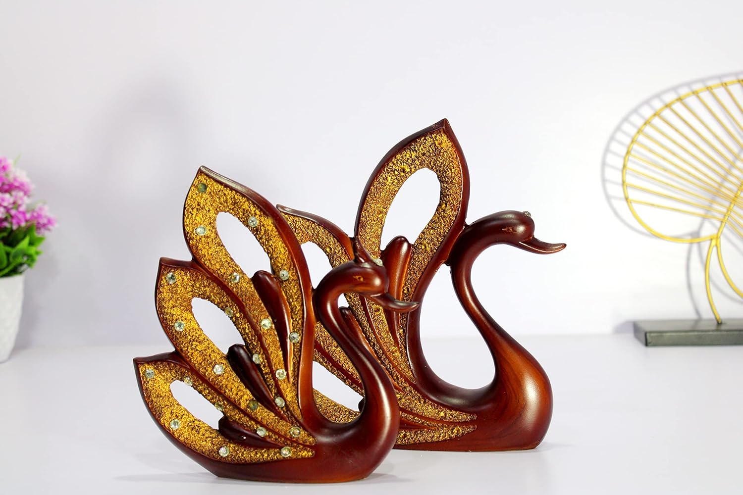 eSplanade Duck/Swan Pair - Set of 2 - Decorative Sculpture Showpiece | Decorative Items - Home Decor | Resin - 8.5" Inches - Brown