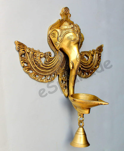 eSplanade - 11" Ganesha Oil Lamp Brass Wall Hanging Diya | Home Decor | Brass Diya | Brass Deepam | Brass Lamps | Kuthu Vilakku | Nila Vilakku