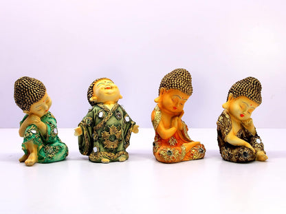 eSplanade Smiling Happy Baby Buddha Monk Statues | Feng Shui Monk Figurine Showpieces - Set of 4 | Home Decor | Resin - 7" Inches - Multi