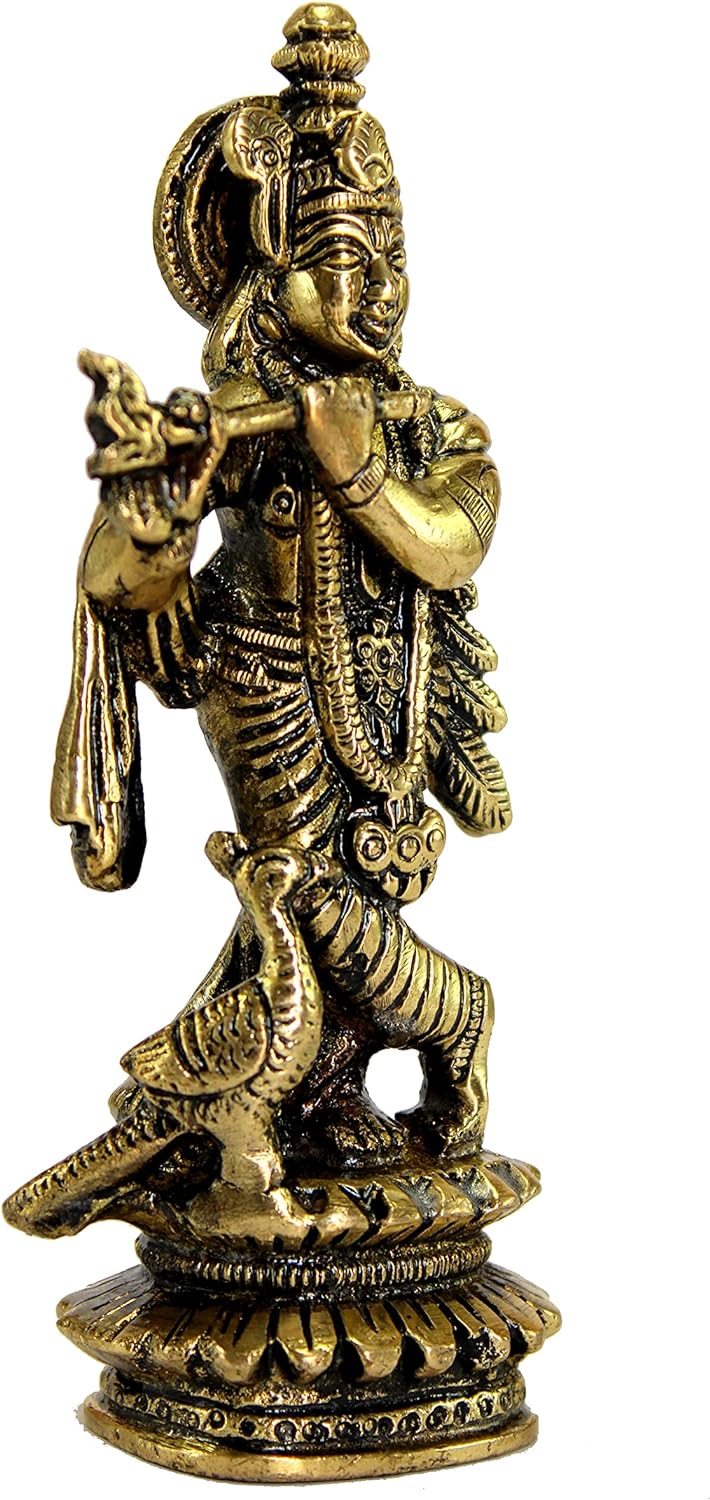 eSplanade - Brass Kishan Krishna with peacock Murti Idol Statue Sculpture for Pooja Mandir or Home Decor - 5" inches