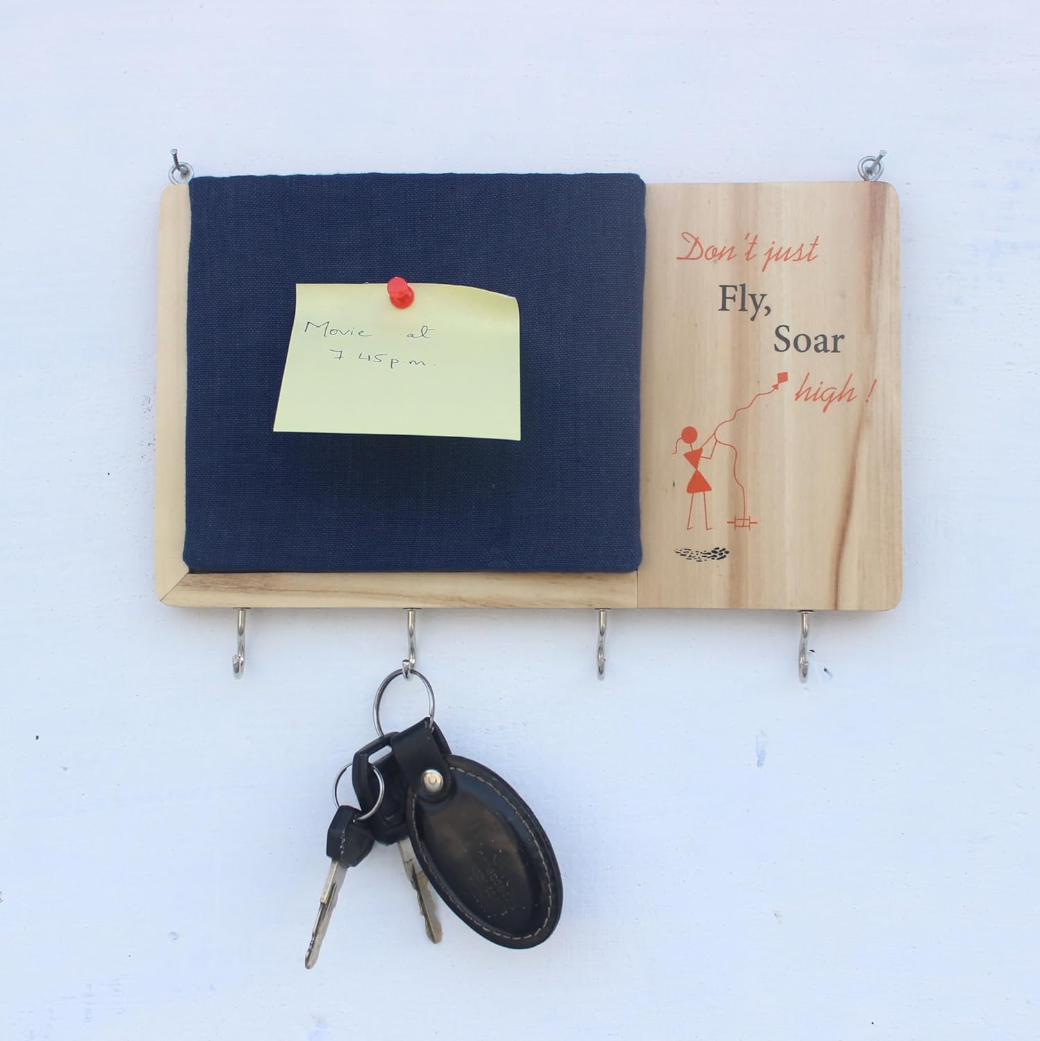 ESPLANADE Warli Key Holder with Pin Board - Handcrafted Wooden Wall Organizer, Traditional Decorative Pin-up Board with Inspirational Quote, Includes 4 Push Pins - 10x7.25in, Handmade by Artisans