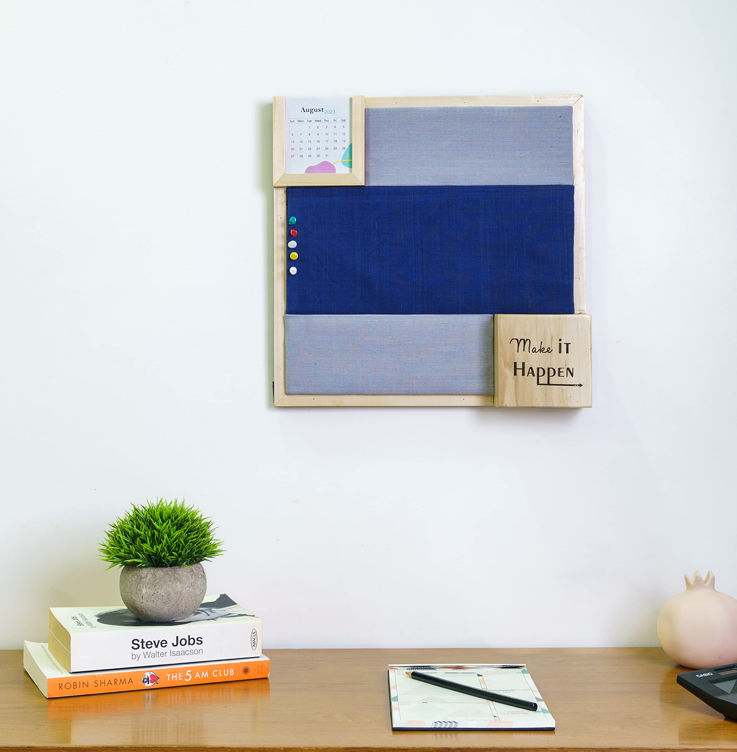 IVEI 2 Coloured Pin Board with Calendar and Pen Stand Engraved with Inspiring Words, Pin Board in 2 Colours to Organize Your Lists | Ideal for Home and Office