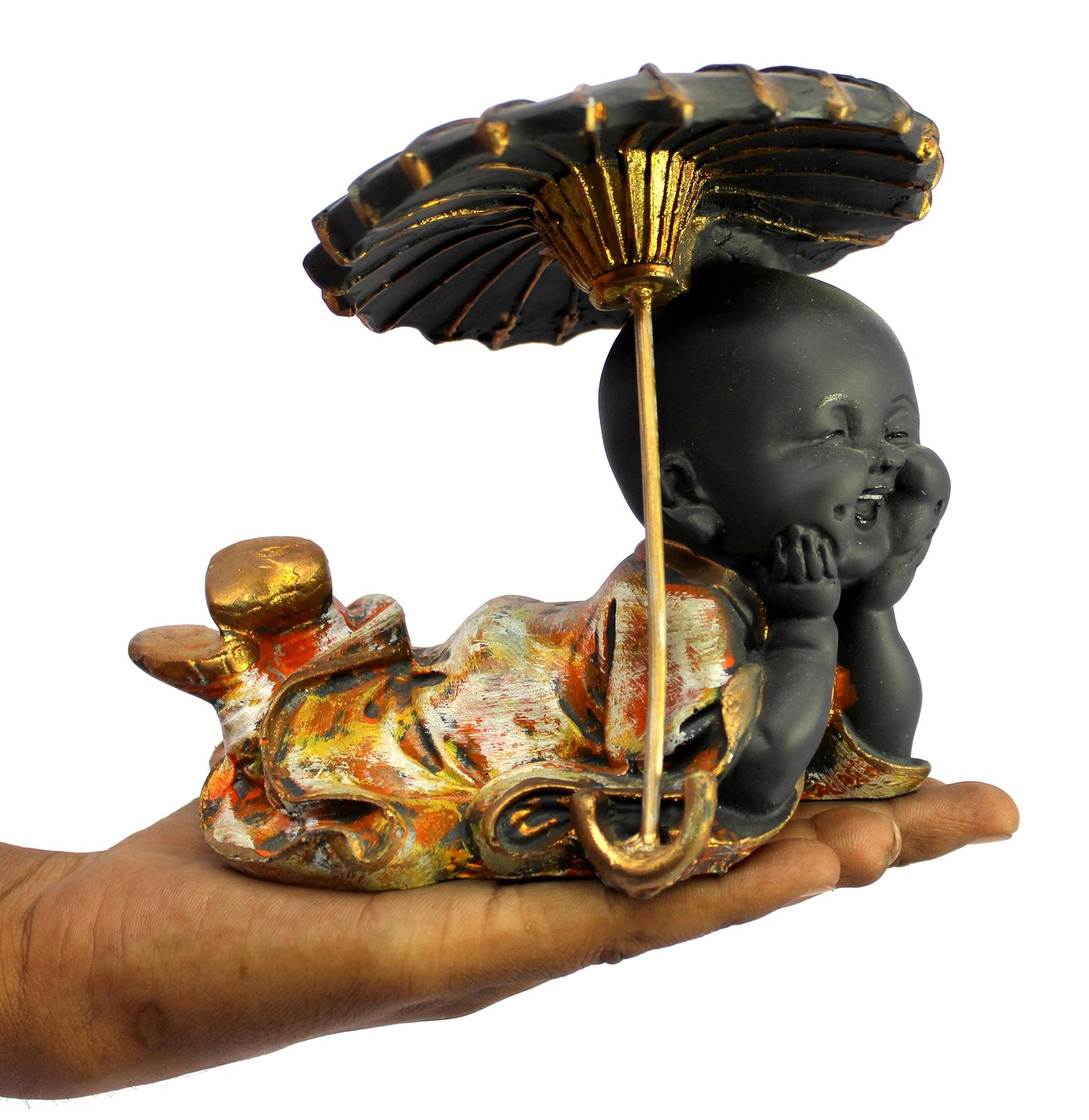 eSplanade Happy Buddha Monk Statues with Umbrella | Feng Shui Monk Figurine Showpiece - Set of 3 - Home Decor | Resin - Multi - 6.75" Inches