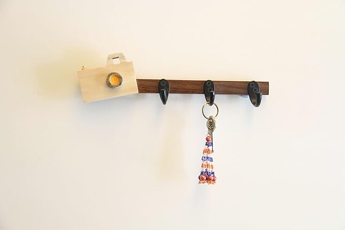 ESPLANADE Key Holder for Wall - Stylish Wooden Hook Holder for Clothes & Bags - Key/Cloth Organizer Hooks - Wall Mounted Unique Key Holder for Home Décor/Office Décor with Handcrafted Camera