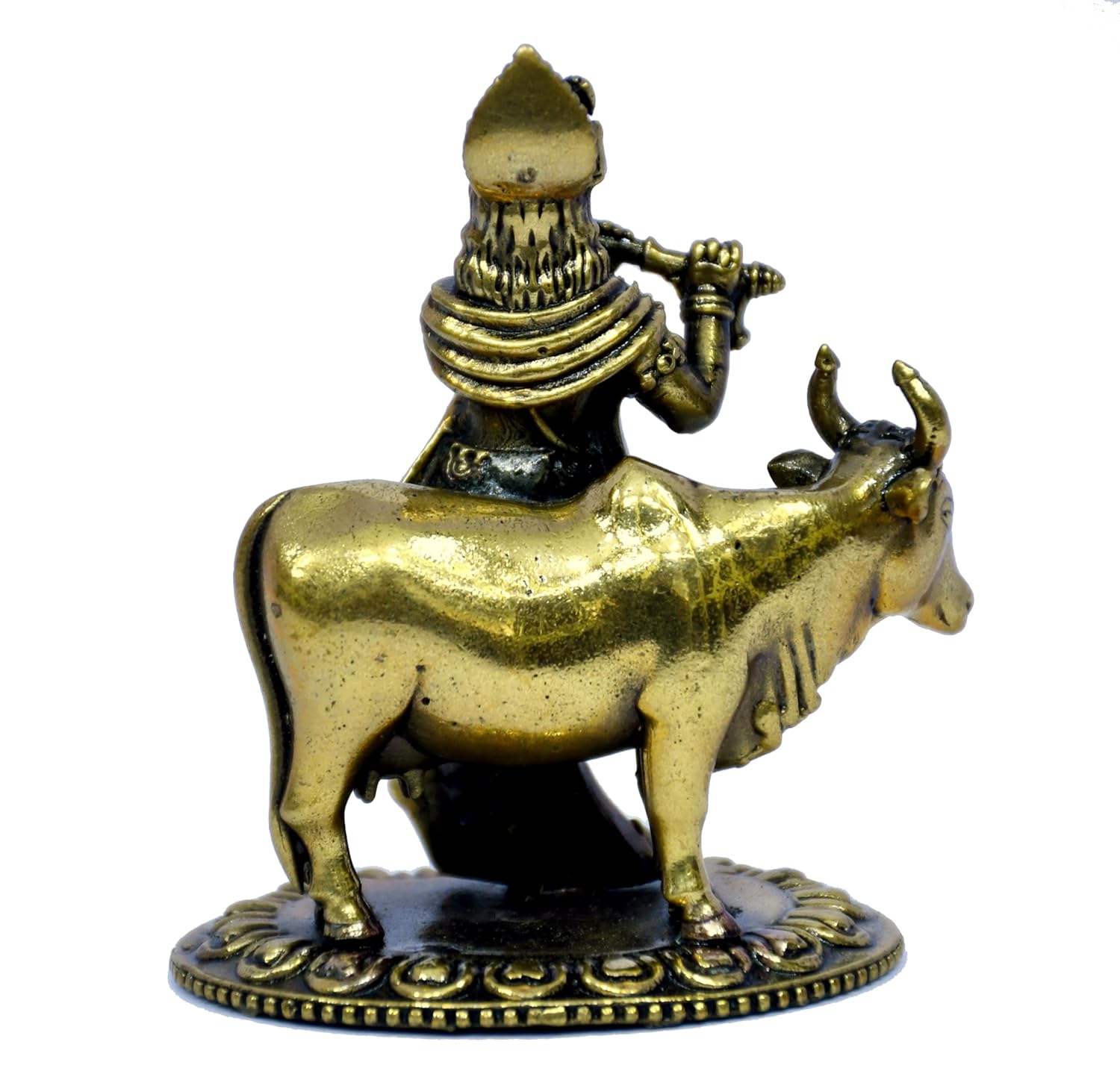 ESPLANADE Brass Krishna Statue, Krishan with Cow Murti, Kishan Krishna Idol Small, Hindu God Idols for Pooja Room, Mandir Decoration, Home Decoration Items for Living Room, Golden