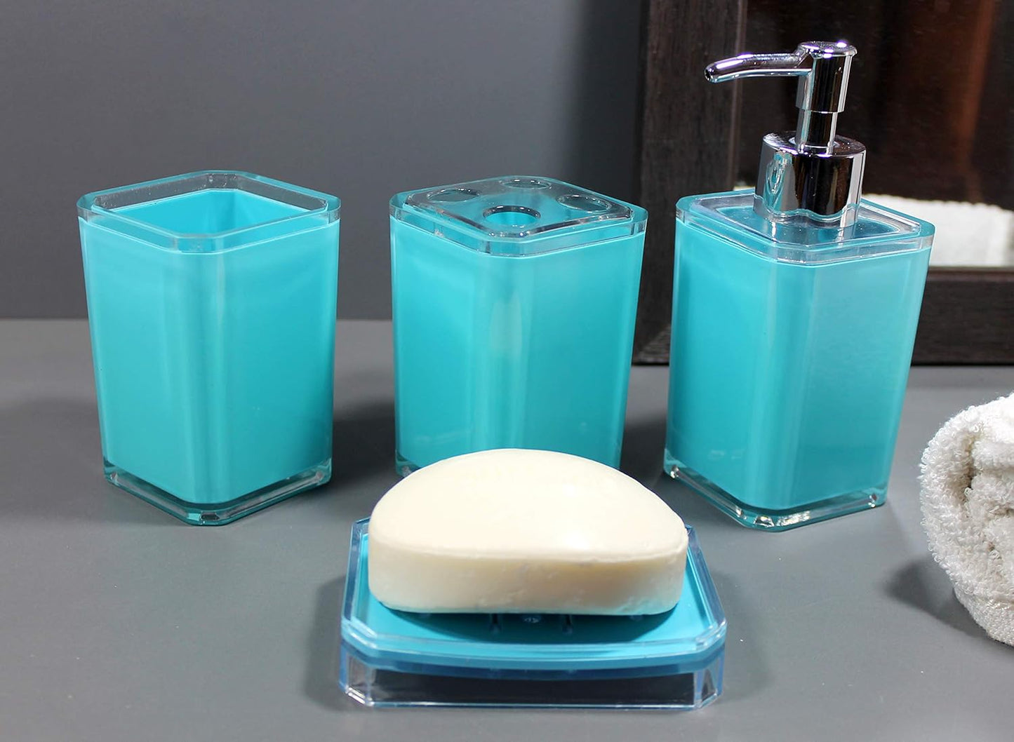 KLEO Bathroom Accessory Set Bath Accessories Set of 4 - Soap Dispenser, Toothbrush Holder, Utility and Soap Dish | Bath Set | Bathroom Accessories (Sea Blue)