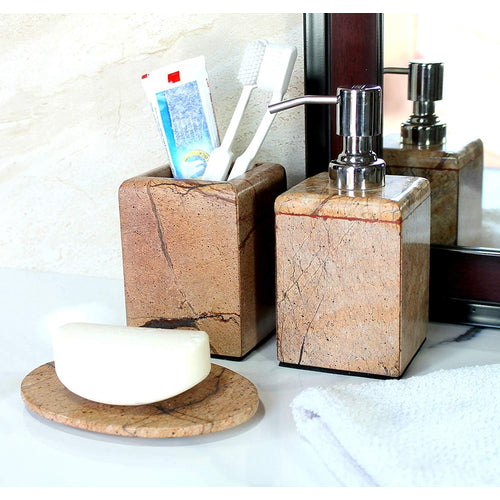 KLEO - Bathroom Accessory Set made from Natural Brown/Sand Stone - Bath Accessories set of 3 includes Soap Dispenser, Utility and Soap Dish