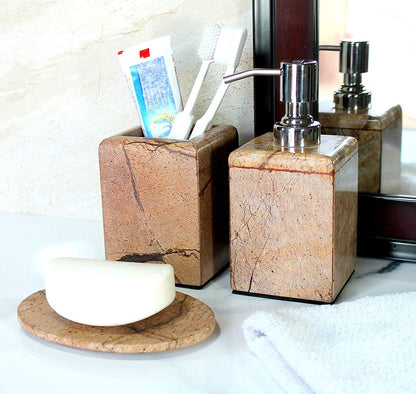 KLEO - Bathroom Accessory Set made from Natural Brown/Sand Stone - Bath Accessories set of 3 includes Soap Dispenser, Utility and Soap Dish