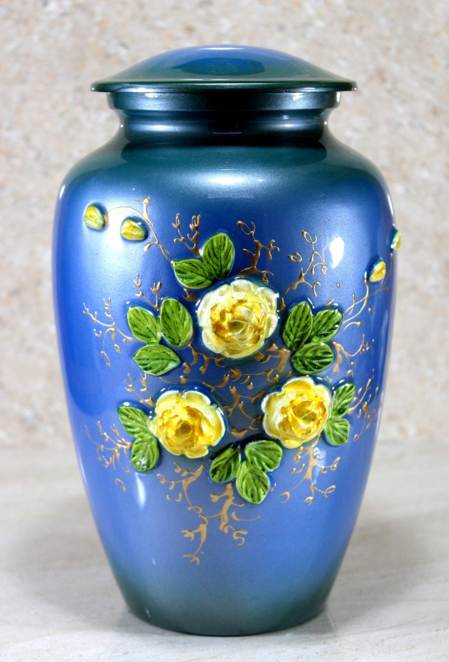 eSplanade Metal Cremation Urn Memorial Jar Pot Container | Full Size Urn for Funeral Ashes Burial | Elephant and Flowers Printed Metal Urn | Blue-Multi - 10" Inches