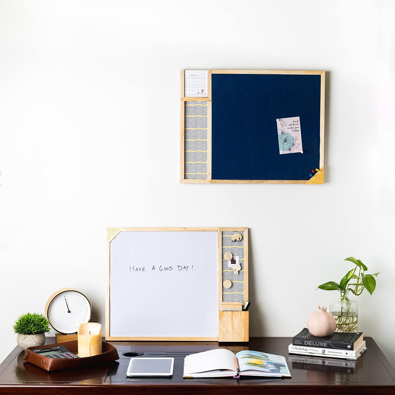 IVEI Combination Board with Magnet Board, Pin Board, Whiteboard & Calendar-Innovative Organizer for Kids and Adults with Magnets to Do Boards Gift for Home, Office, School- Set of 2 - Dark Blue, Grey