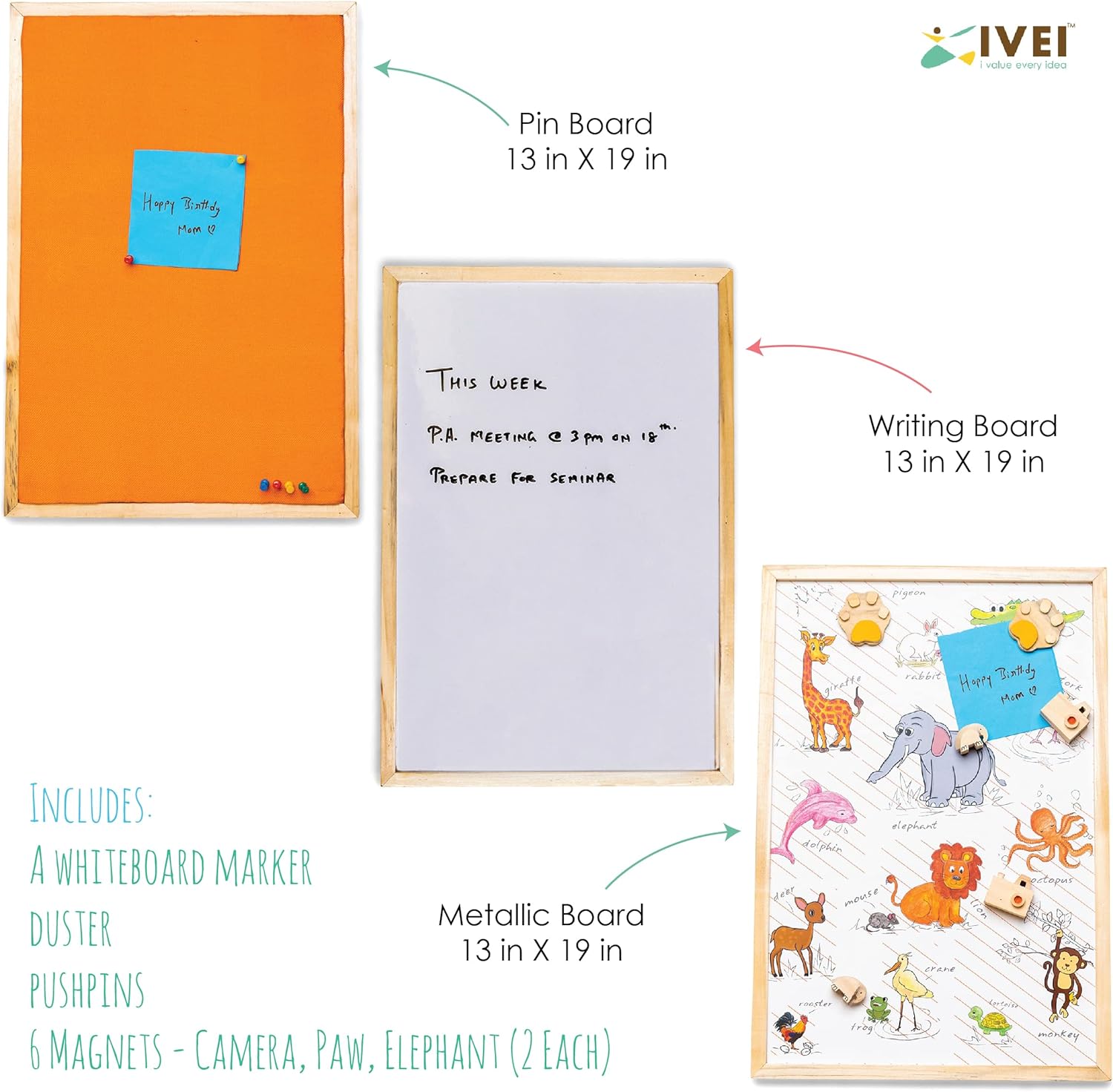 IVEI Combination Board with Magnet Board, Pin Board & Whiteboard- Set of 3- Dark Blue -Innovative Organizer for Kids and Adults with Magnets- To Do Boards - Best Gift for Home, Office, School- (Big) Blue, Pink,Orange