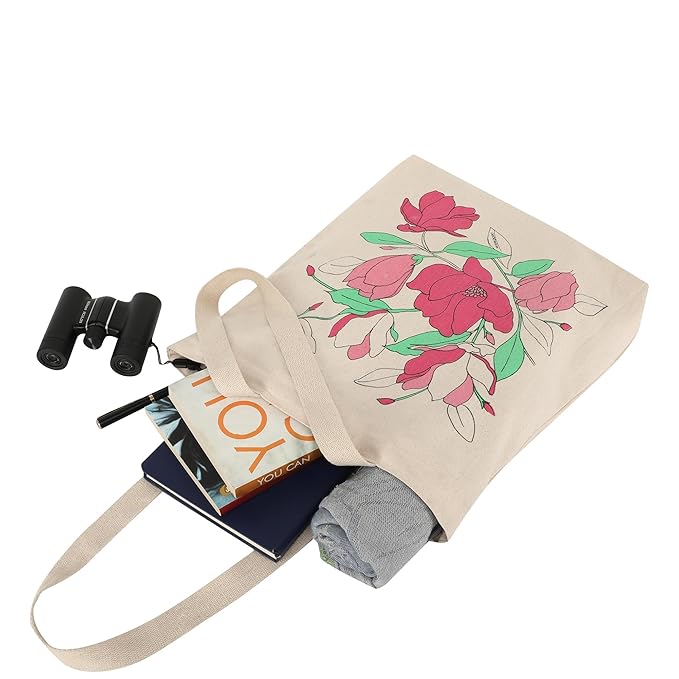 SKAPADORO, Canvas Zip Tote - 100% Cotton, Ecofriendly Printed Tote Bags For Travel, College & Beach, Shopping, Grocery, Easy to Wash Trendy Everyday Shoulder Bag (1, Magnolia Flower)