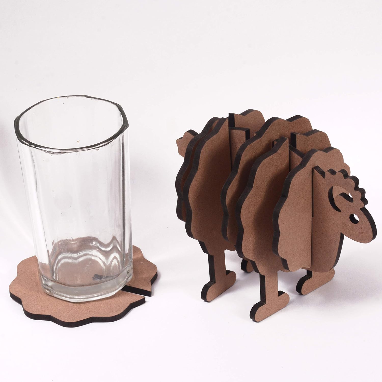 IVEI MDF DIY Coasters with Sheep Holder - MDF Plain Wooden Sheep Coasters & Holder Blank Cutouts for Painting Wooden Sheet Craft, Decoupage, Resin Art Work & Decoration - Set of 6 Coasters