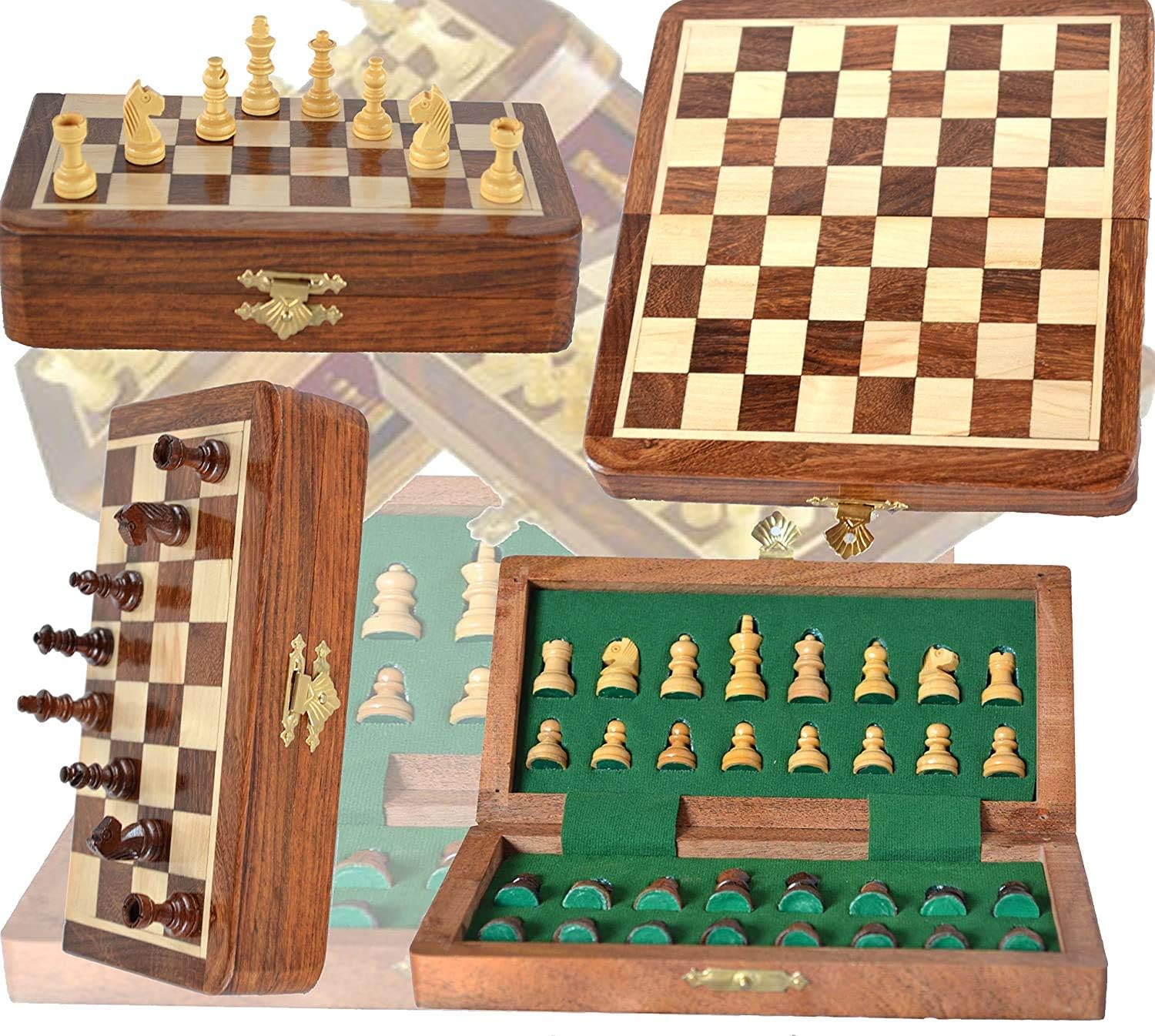 Handmade Wooden Rosewood Foldable Magnetic Chess Game Board with Storage Slots, 7 Inch