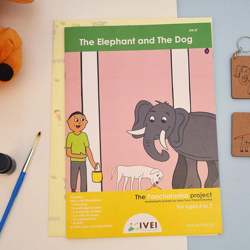 IVEI Panchatantra Story Kids Learning Book - Workbook and 2 DIY keychains - Colouring Activity Worksheets - Creative Fun Activity and Education For Kids - The Elephant and the Dog ( Age 4 to 7 Years )