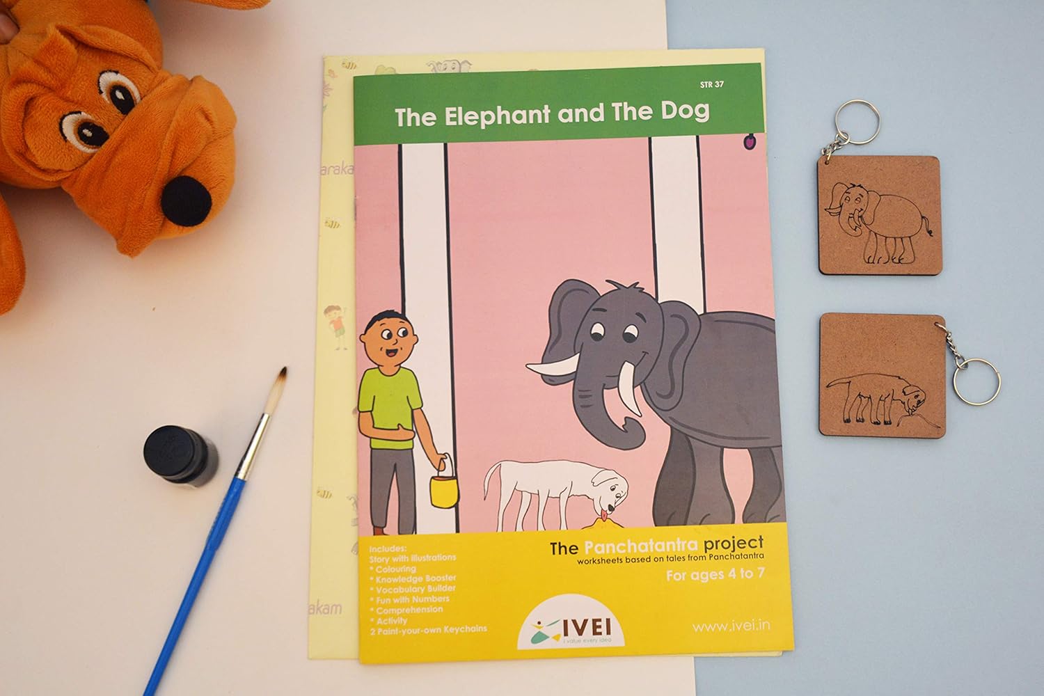 IVEI Panchatantra Story Kids Learning Book - Workbook and 2 DIY keychains - Colouring Activity Worksheets - Creative Fun Activity and Education For Kids - The Elephant and the Dog ( Age 4 to 7 Years )