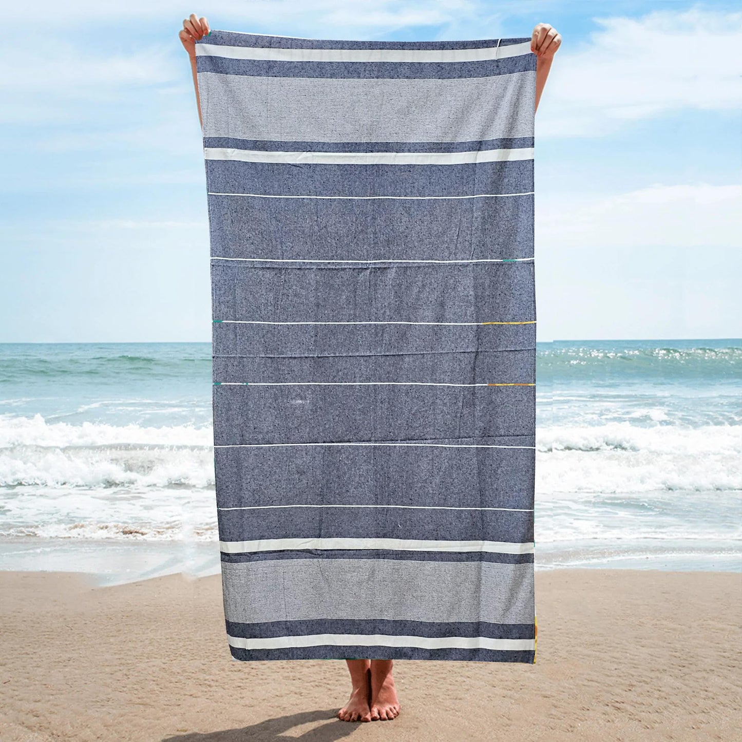 Turkish Beach Towel |100% Cotton Bath Towel | Ultra-Absorbent, Pool, Travel, Quick-Dry, Lightweight, Oversized, Sandproof| Fast Drying | Multi-Purpose Towels | Striped (Blue)