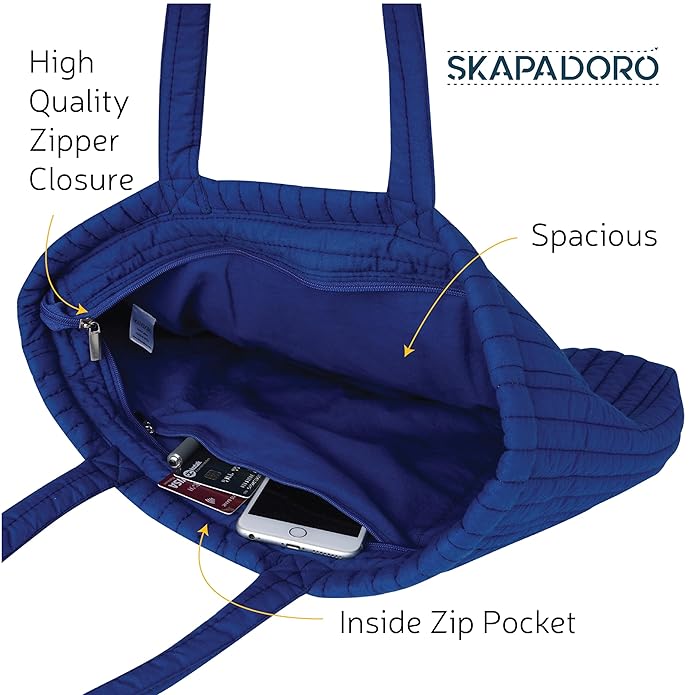 SKAPADORO Quilted Cotton Tote Bag with Zip, Inner Zipper Pocket, Multipurpose Embroidered Hand Bag for Women/Girls For Shopping Travel College Gym Work, Everyday Shoulder Bag - Evil Eye; Floral