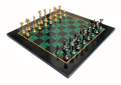 StonKraft Collectible Black Marble and Malachite Stone Chess Board Set + Brass Chess Pieces - Decorative Stone Chess - Home DŽcor - 15" Inches