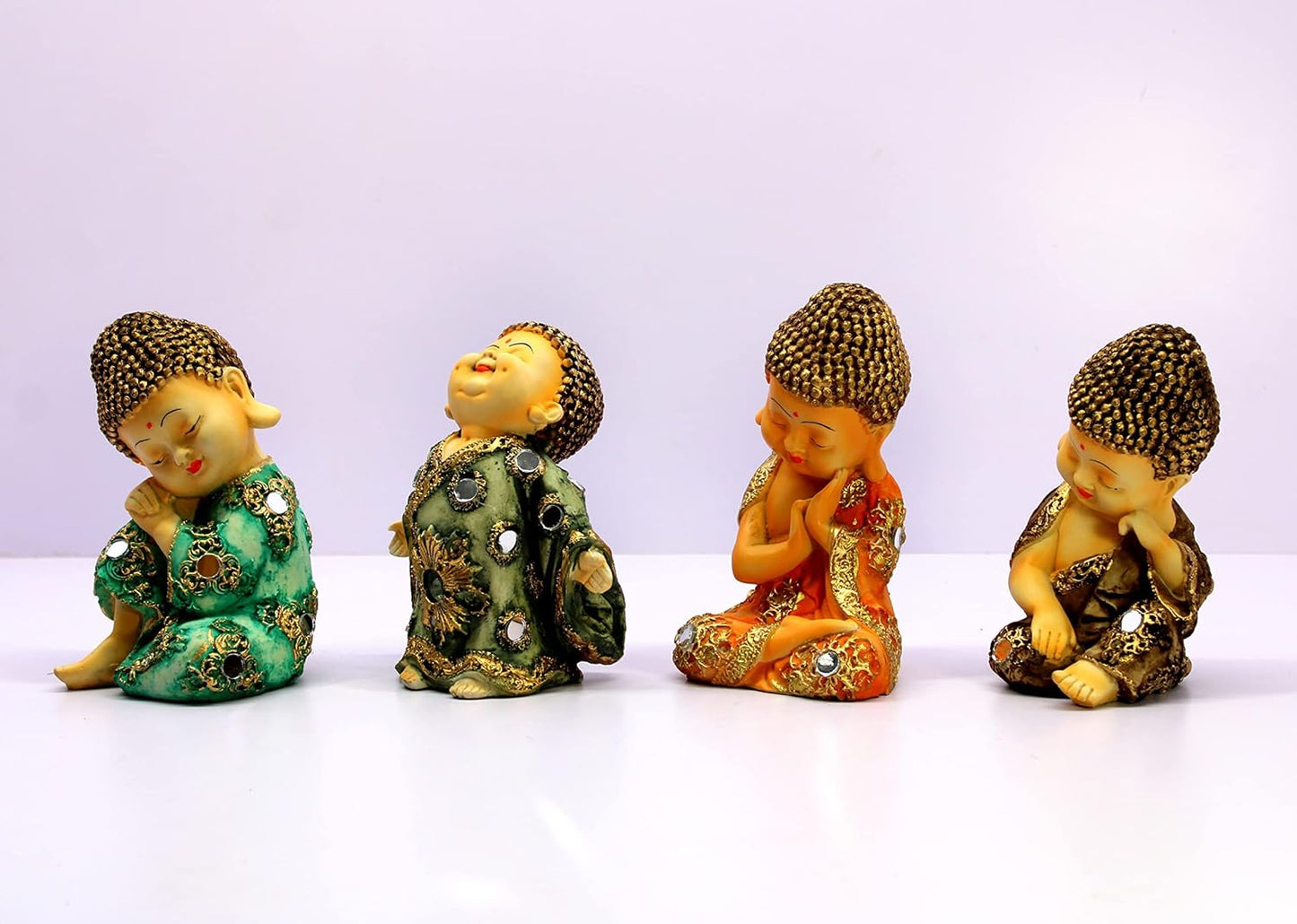 eSplanade Smiling Happy Baby Buddha Monk Statues | Feng Shui Monk Figurine Showpieces - Set of 4 | Home Decor | Resin - 7" Inches - Multi