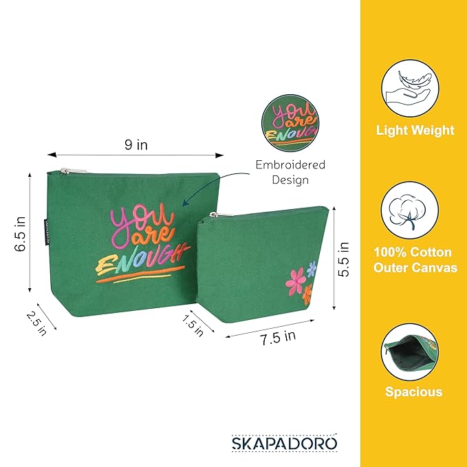 Skapadoro Travel Cosmetic Makeup Pouch Kit for Girls Women, Cotton with Waterproof Recycled Lining Set of 2 - Make-up Pouch, Toiletries Kit (Green)