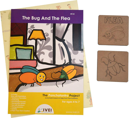 IVEI Panchatantra Story Kids Learning Book - Workbook and 2 DIY Coasters - Colouring Activity Worksheets - Creative Fun Activity and Education for Kids - The Bug and The Flea (Age 4 to 7 Years)