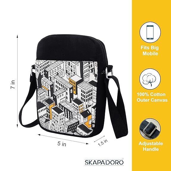 SKAPADORO Canvas Mobile Cross Body Black Sling Bag for Men & Women,100% Cotton, Zip Closure, Pocket, Adjustable Strap, Compact Everyday Bag - City (Black & White)