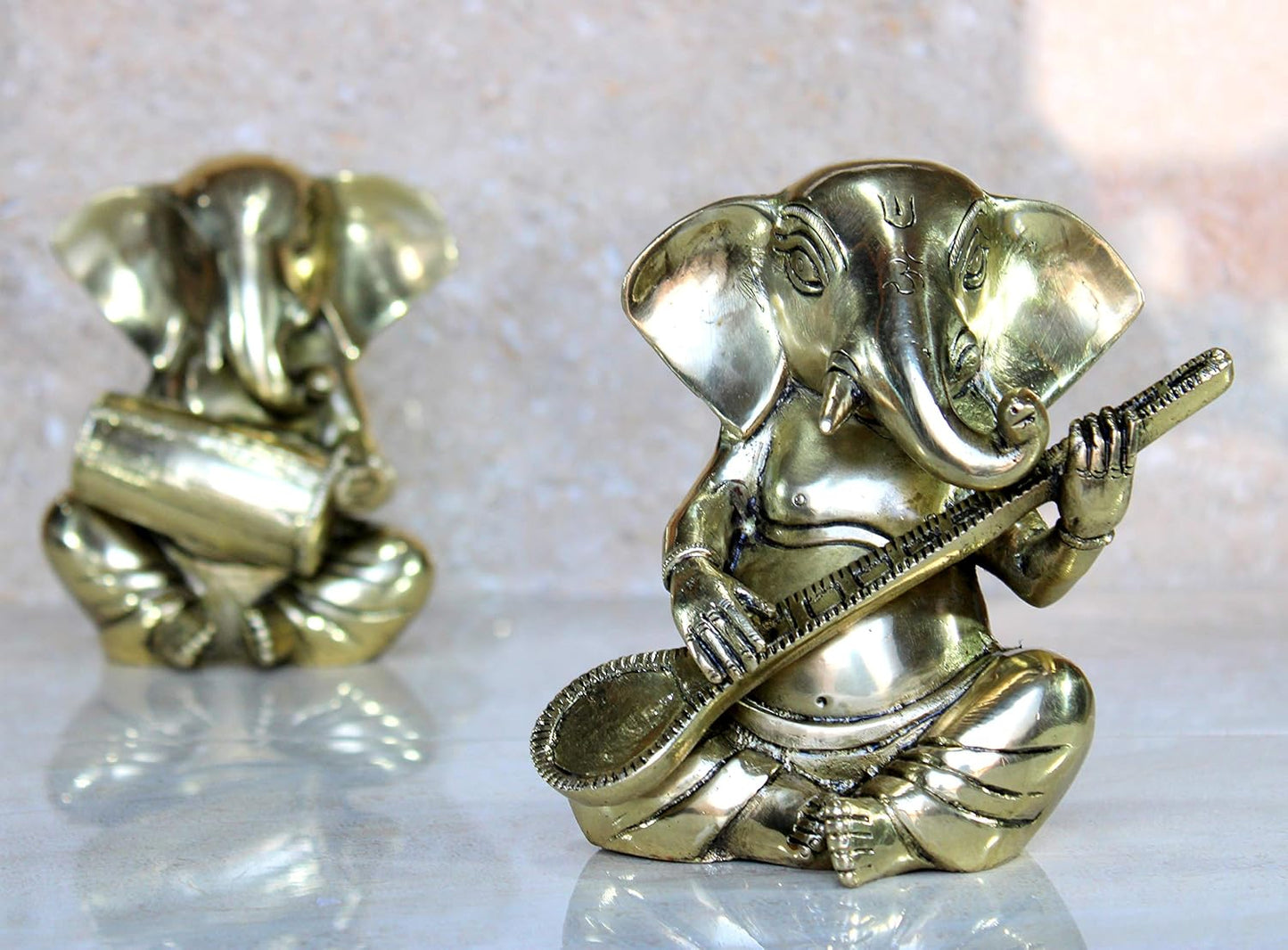 eSplanade 6" Brass God Ganesha Playing Musical Instruments Sitting Statues Set of 2