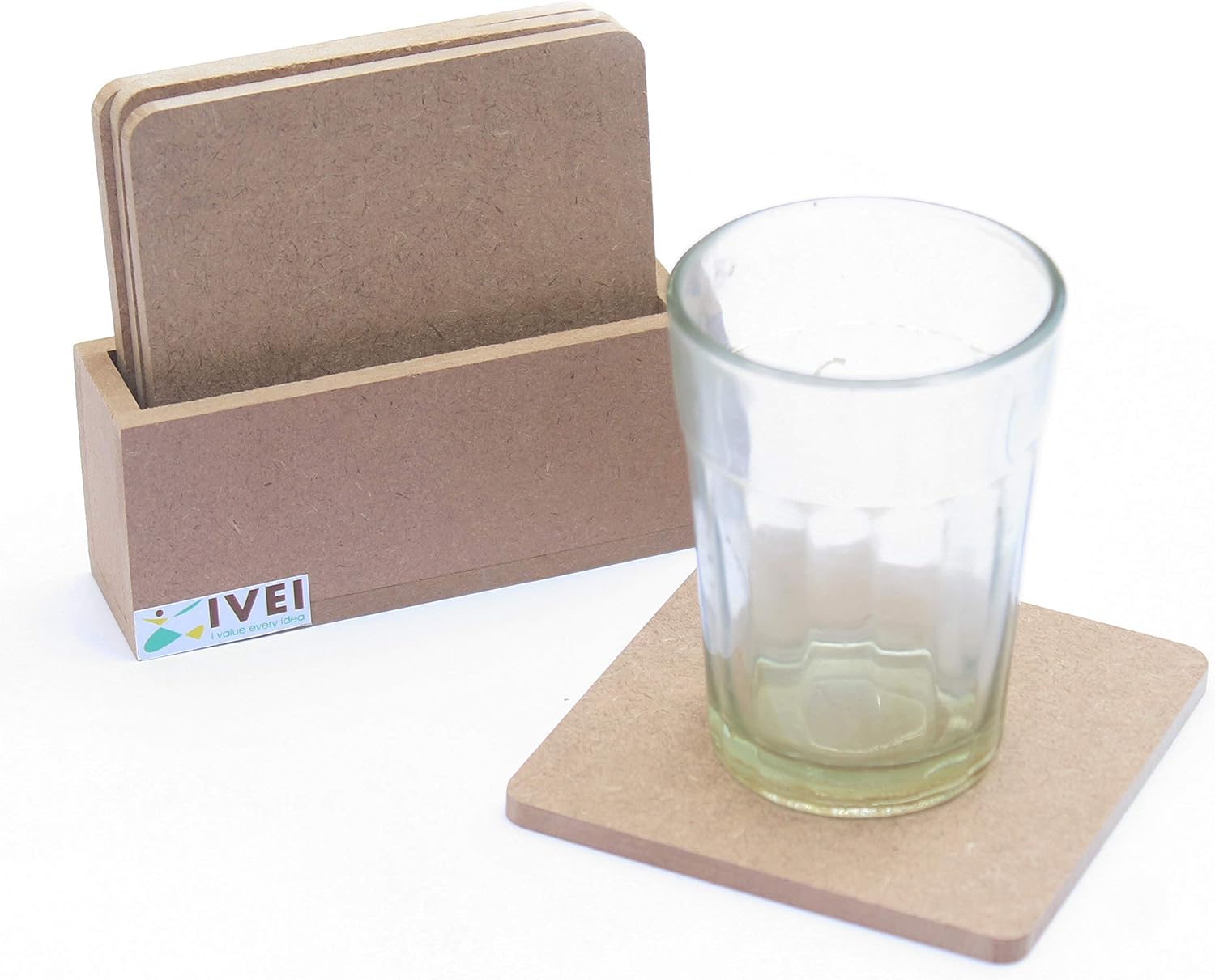 IVEI MDF DIY Square Coasters with Holder - MDF Plain Wooden Coasters & Holder Blank Cutouts for Painting Wooden Sheet Craft, Decoupage, Resin Art Work & Decoration - Set of 4 (3.5in X 3.5in)