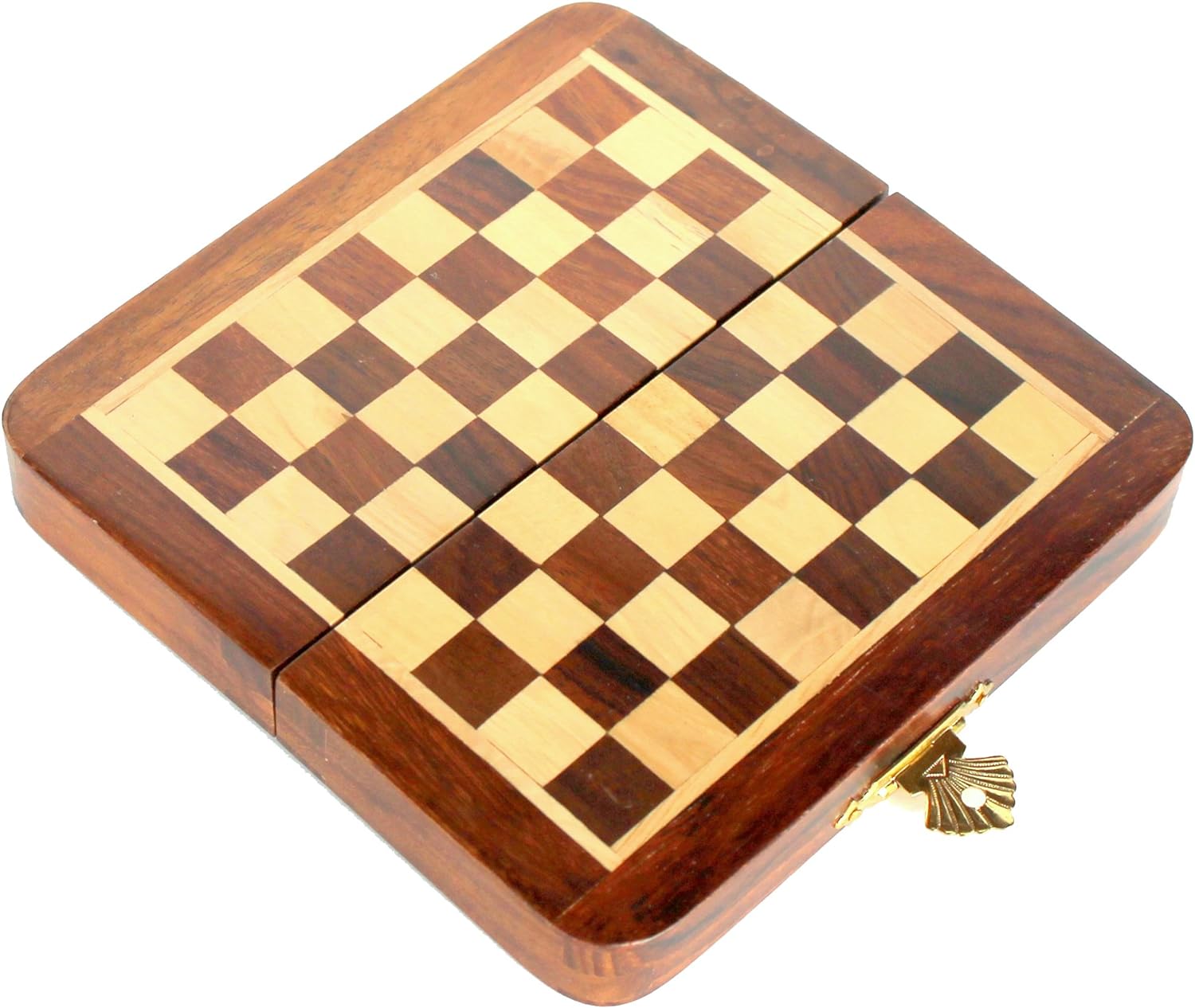 Handmade Wooden Rosewood Foldable Magnetic Chess Game Board with Storage Slots, 7 Inch