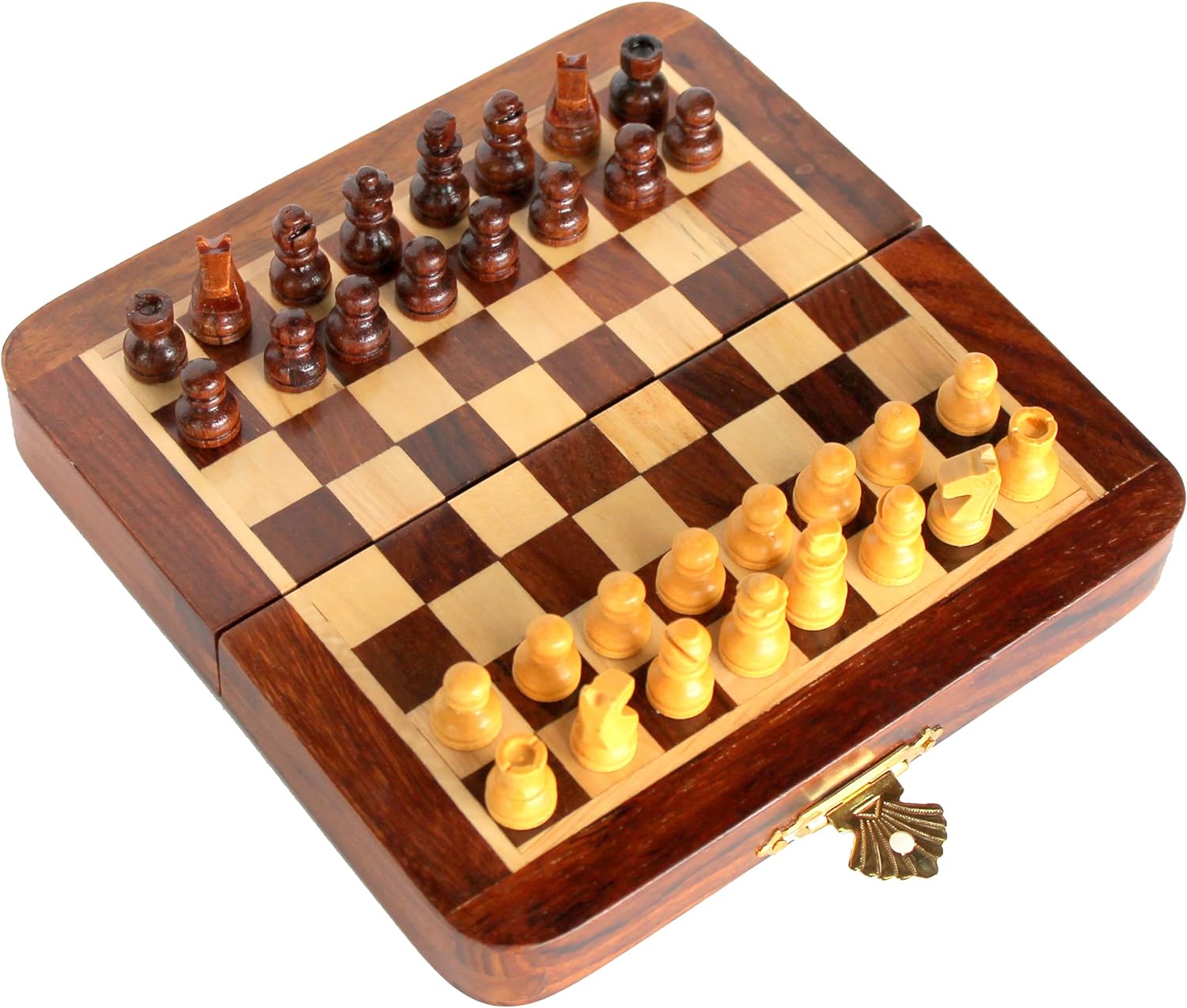Handmade Wooden Rosewood Foldable Magnetic Chess Game Board with Storage Slots, 7 Inch