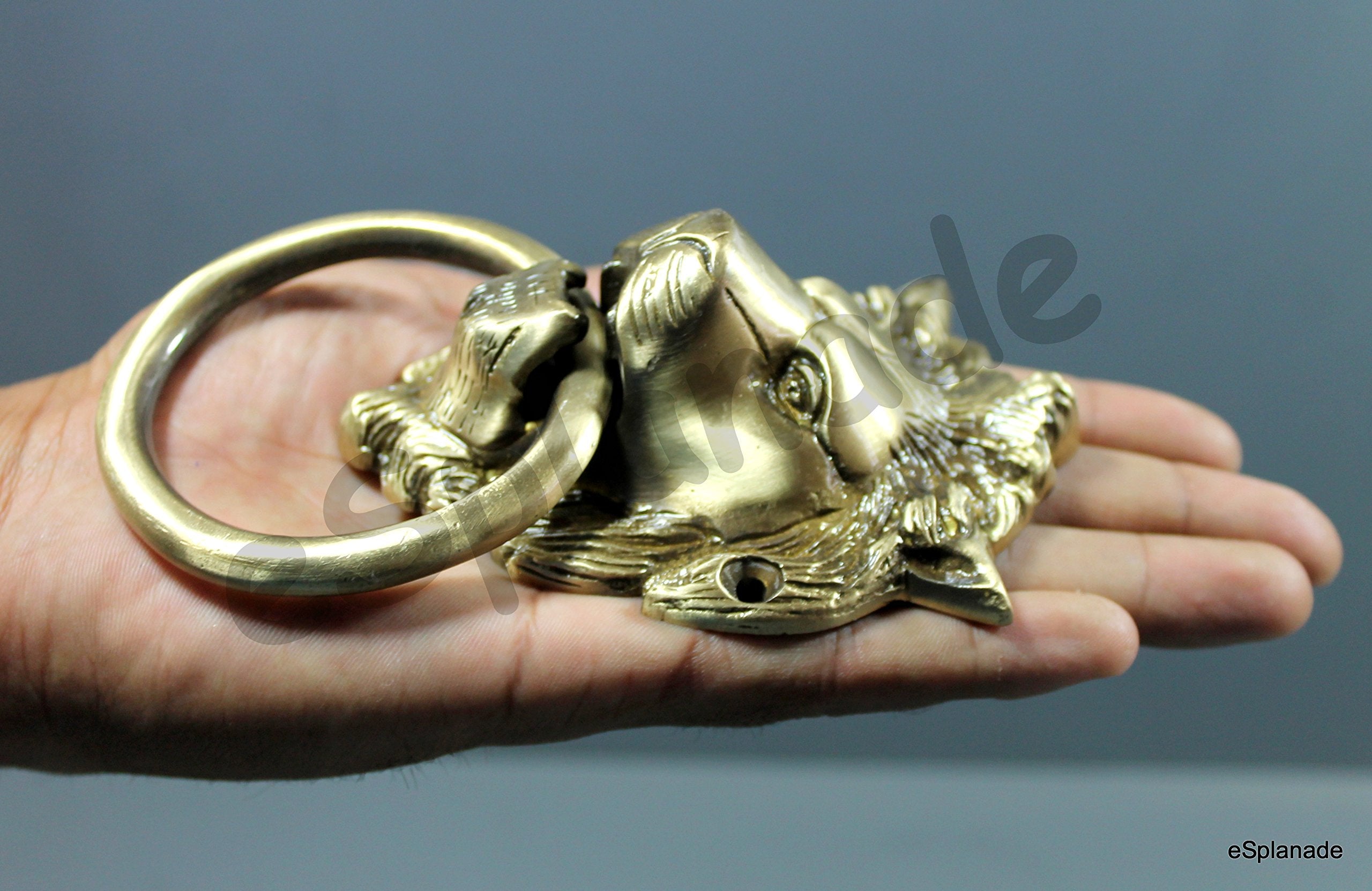 eSplanade Brass Lion Face Mouth Door Knocker, Door Accessories, Gate Knocker