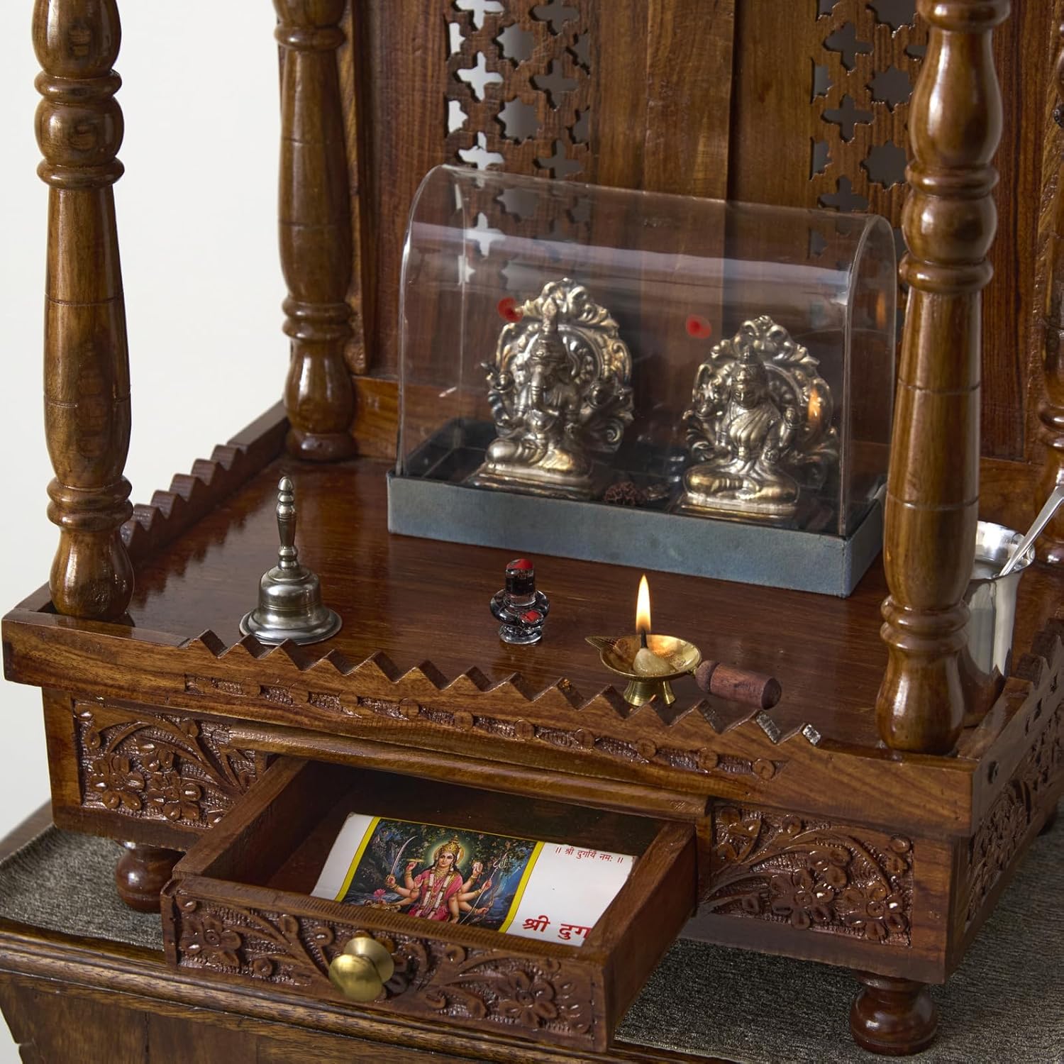 ESPLANADE Beautiful Wooden Mandir for Home, Engraved Temple for Home with Storage Drawer, Puja Mandir Stand, Pooja Items for Pooja Room,Temple for Office, Brown