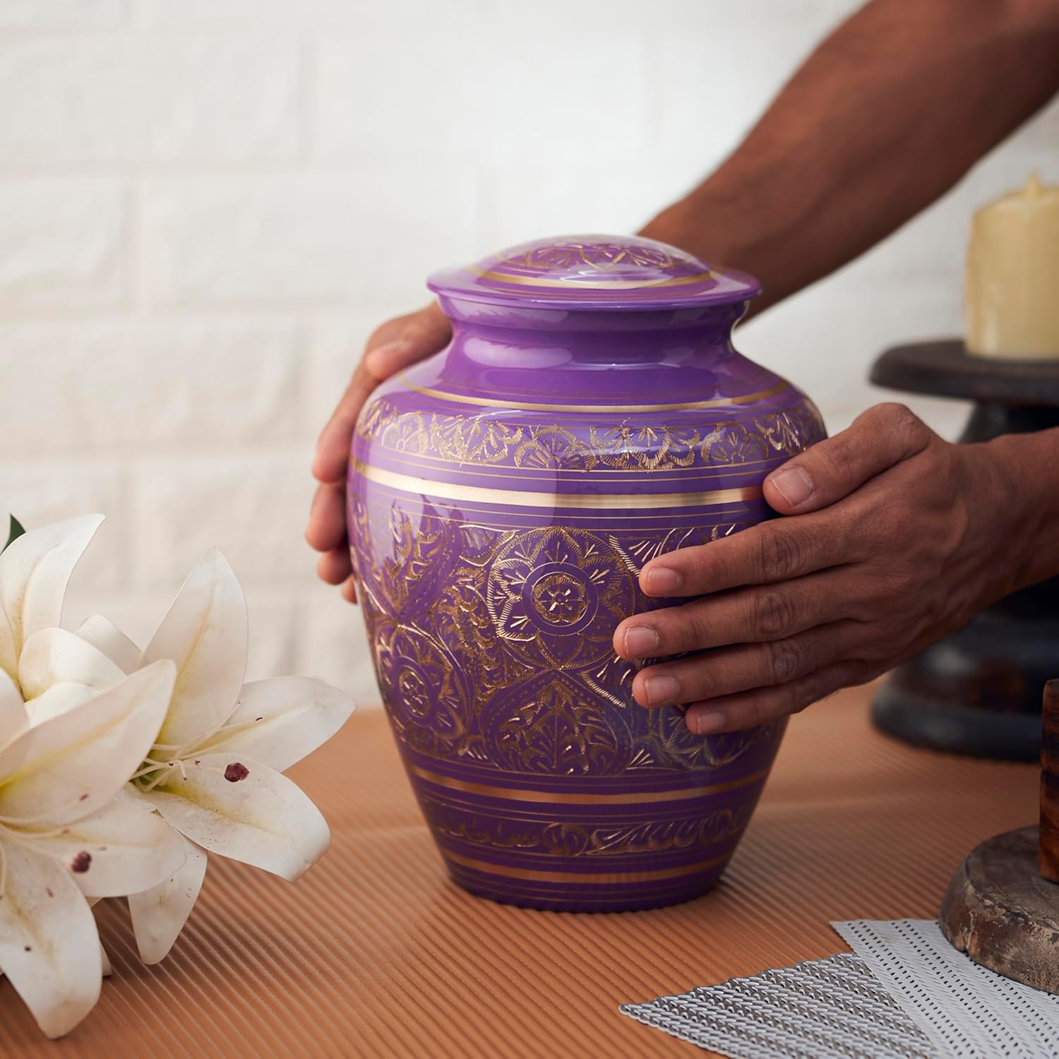Esplanade Brass Urn for Ashes Adult Male Female – 8.5" Cremation Urn for Human Ashes, Full Size Large Urn, Engraved Geometric Floral Purple Colour, Funeral Vase with Velvet Bag - for 65kg Adult