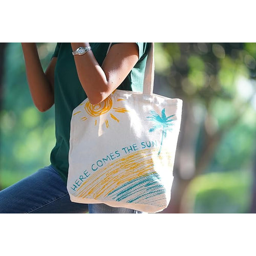 SKAPADORO Tote Bag 100% Cotton, Natural Ecofriendly Basic Canvas Bag for Travel, College, Beach, Shopping, Grocery, Vegetable Bag - Sun/Beach; Judging Plastic Bag & Origami Design