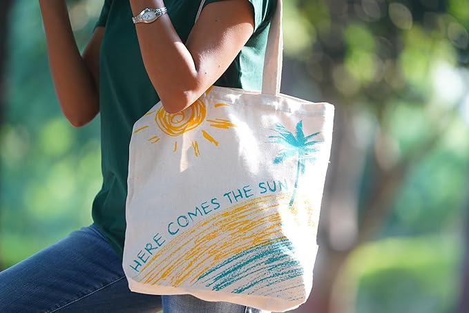 SKAPADORO Tote Bag 100% Cotton, Natural Ecofriendly Basic Canvas Bag for Travel, College, Beach, Shopping, Grocery, Vegetable Bag - Sun/Beach; Judging Plastic Bag & Origami Design