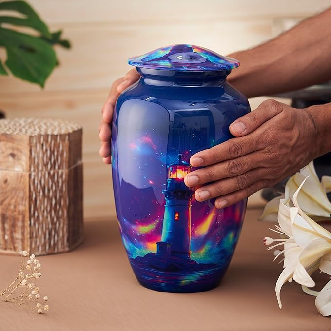 Esplanade Metal Urn for Ashes Adult Male Female – 10" Cremation Urn for Human Ashes, Full Size Large Urn, Aurora Northern Lights Lighthouse Blue Colour, Funeral Vase with Velvet Bag - for 80kg Adult