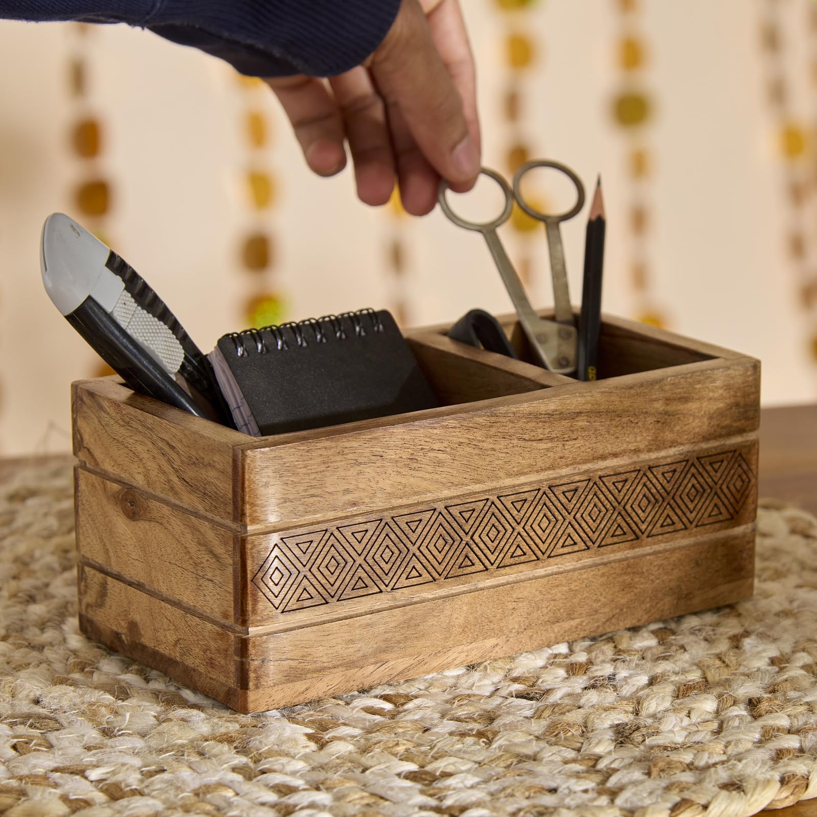 KLEO Wooden Organizer Stand Caddy - Mango Wood Cutlery Holder, Tableware Storage Box for Kitchen, Dining Table | Spoon, Knife, Fork, Chopstick, Spices Organizer | Pen Stand & Stationery Box