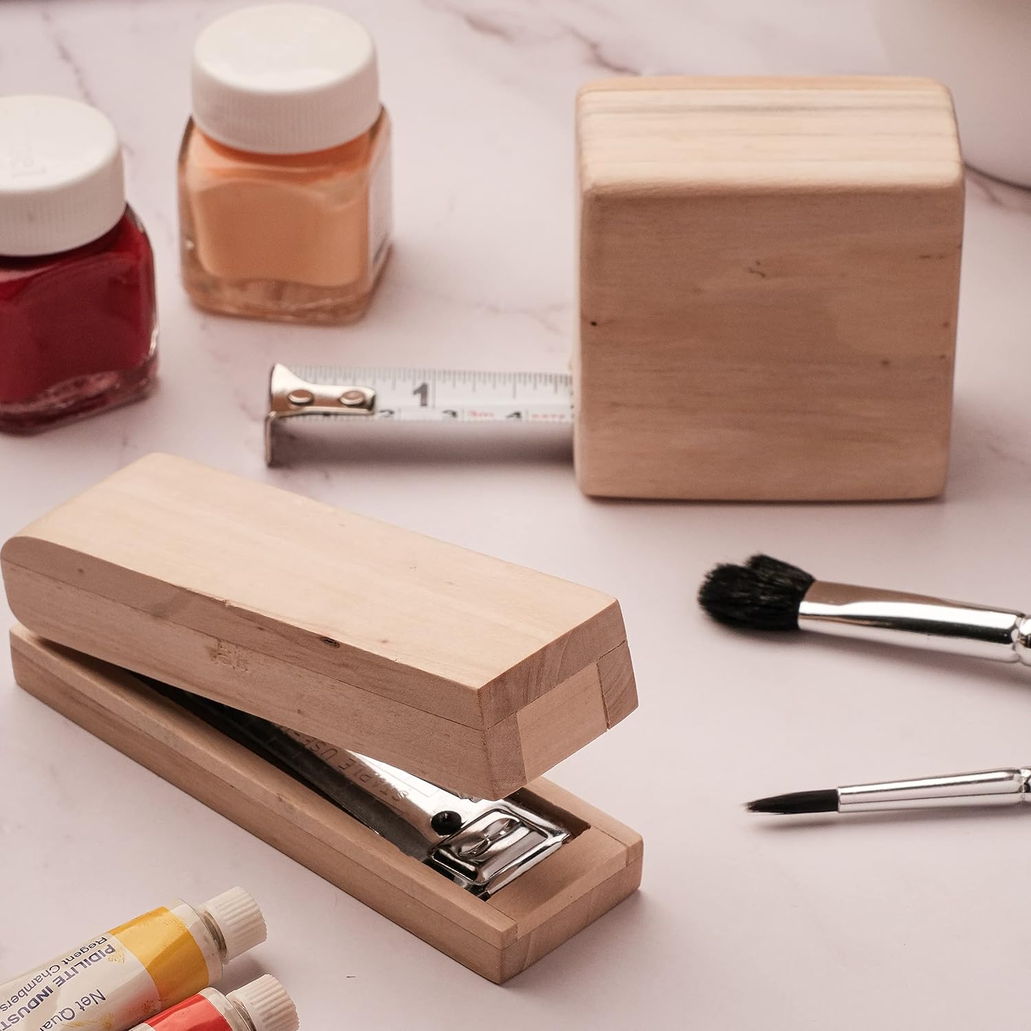 IVEI DIY WOODEN SET OF MEASURING TAPE & STAPLER | DO-IT-YOURSELF STATIONERY | MAKE YOUR OWN KITS FOR RESIN , DECOUPAGE, MANDALA PAINTING and MORE.