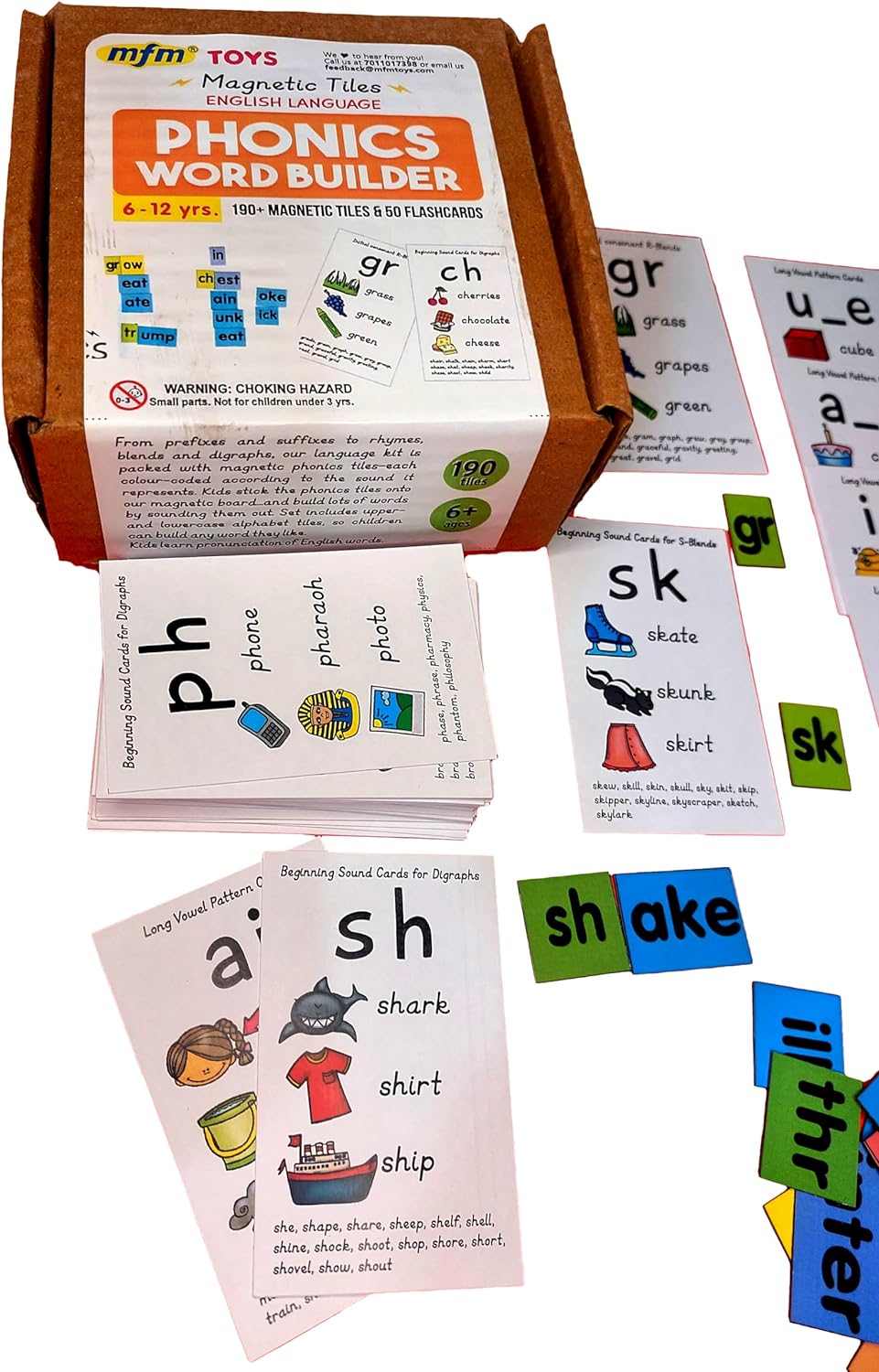 MFM Toys Magnetic Phonic Word Builder ~ 170 Magnetic Tiles + 50 Flashcards (Does Not Include Magnetic Board) Ages 6+