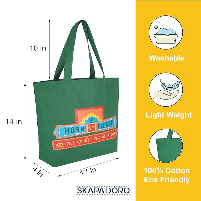 SKAPADORO Canvas Big Zip Printed Handbag Tote,100% Cotton, Inner pocket, Ecofriendly Bag for Women, Travel College Beach Shopping, Easy to Wash Everyday Shoulder Bag - Quirky Desi Graphic Designs