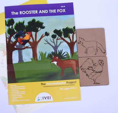 IVEI Panchatantra Kids Learning Book - Workbook and 2 DIY coasters of Panchatantra Story - Colouring Activity Worksheets - Creative Fun Activity and Education For Kids - The Rooster and the Fox