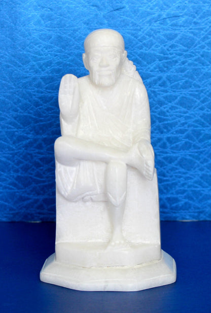 6 Inch Indian White Marble Stone Saibaba, Sai Ram, Sairam, Sai Baba Statue Murti Idol