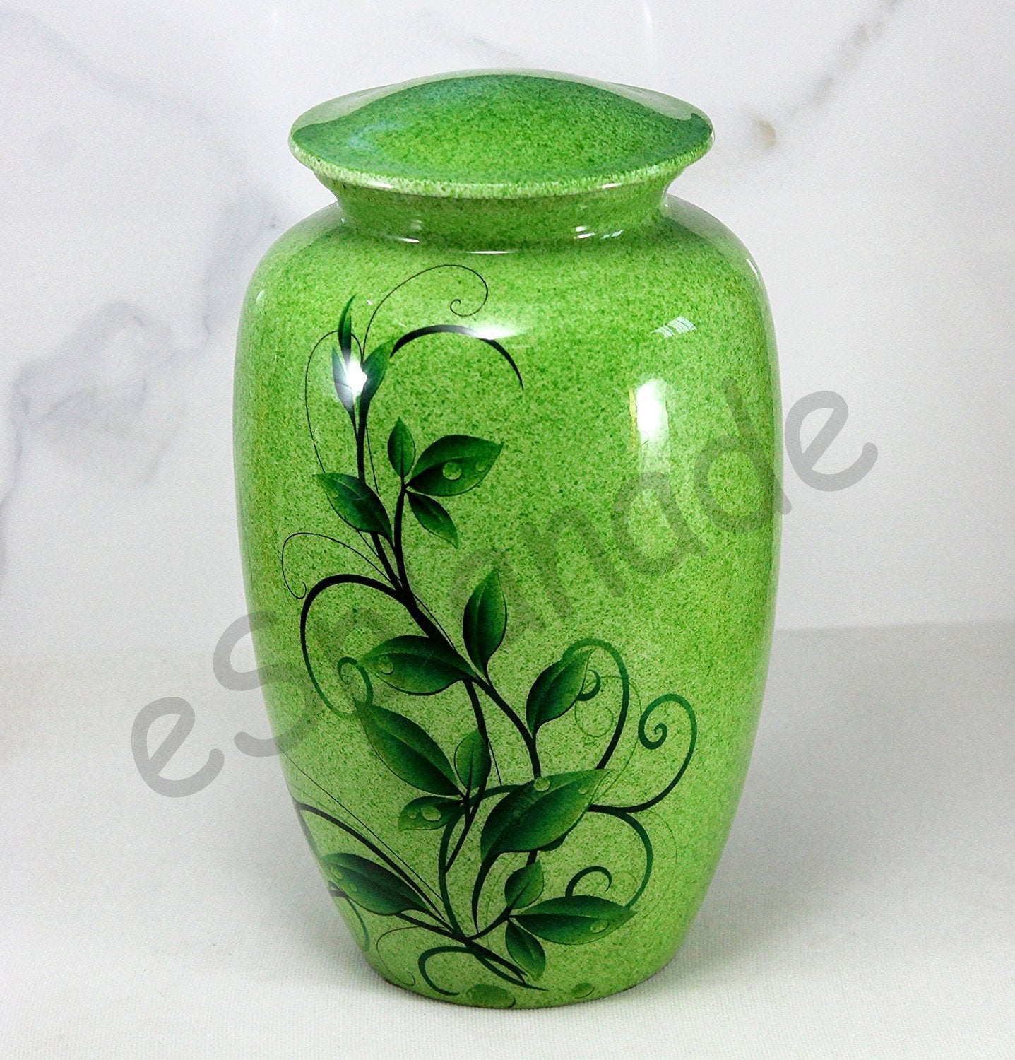 eSplanade Metal Cremation Urn Memorial Jar Pot Container | Full Size Urn for Funeral Ashes Burial | Swirl Leaves Printed Urn | Green - 10" Inches